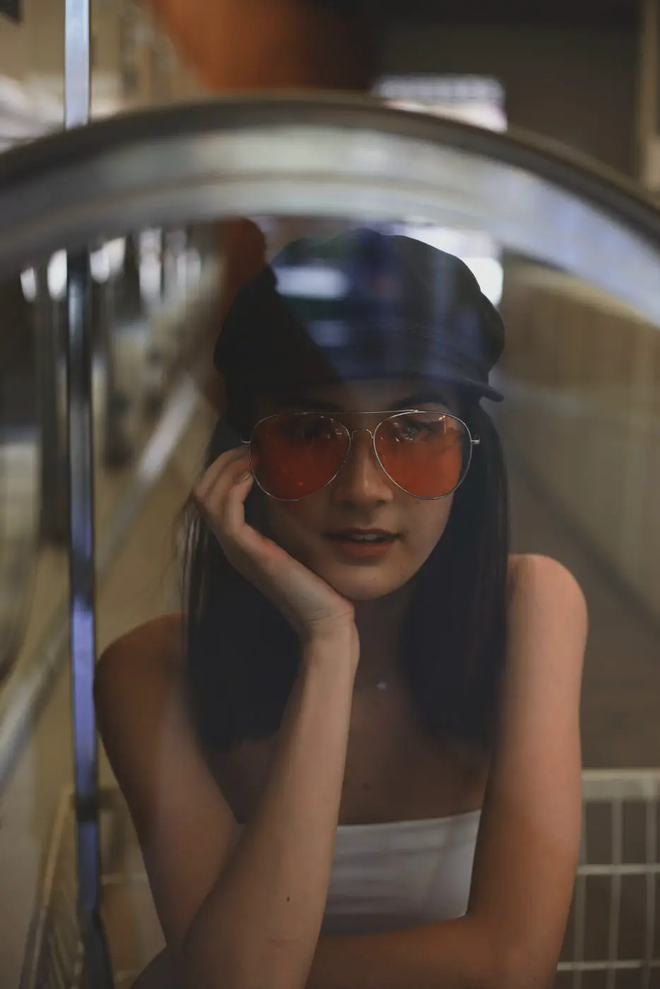 Portrait woman laundromat 2 glasses