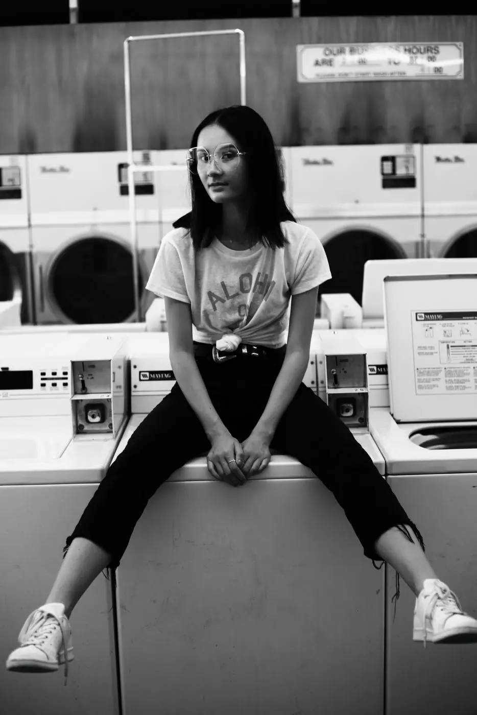 Portrait woman laundromat