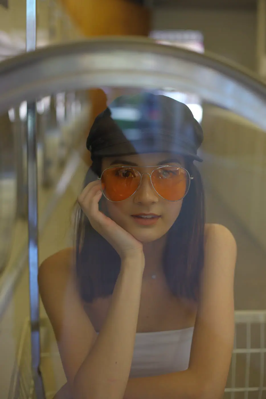 Portrait woman laundromat 2 glasses
